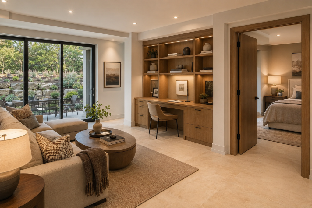 Finished basement living space with built-in office