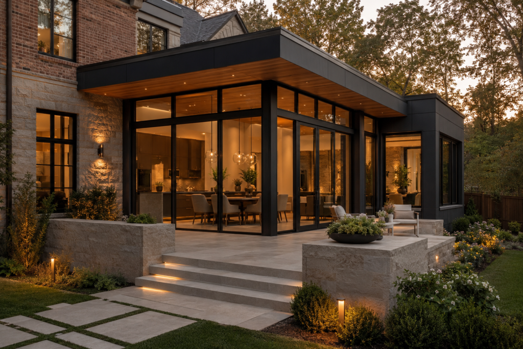 Completed modern home addition with glass at dusk
